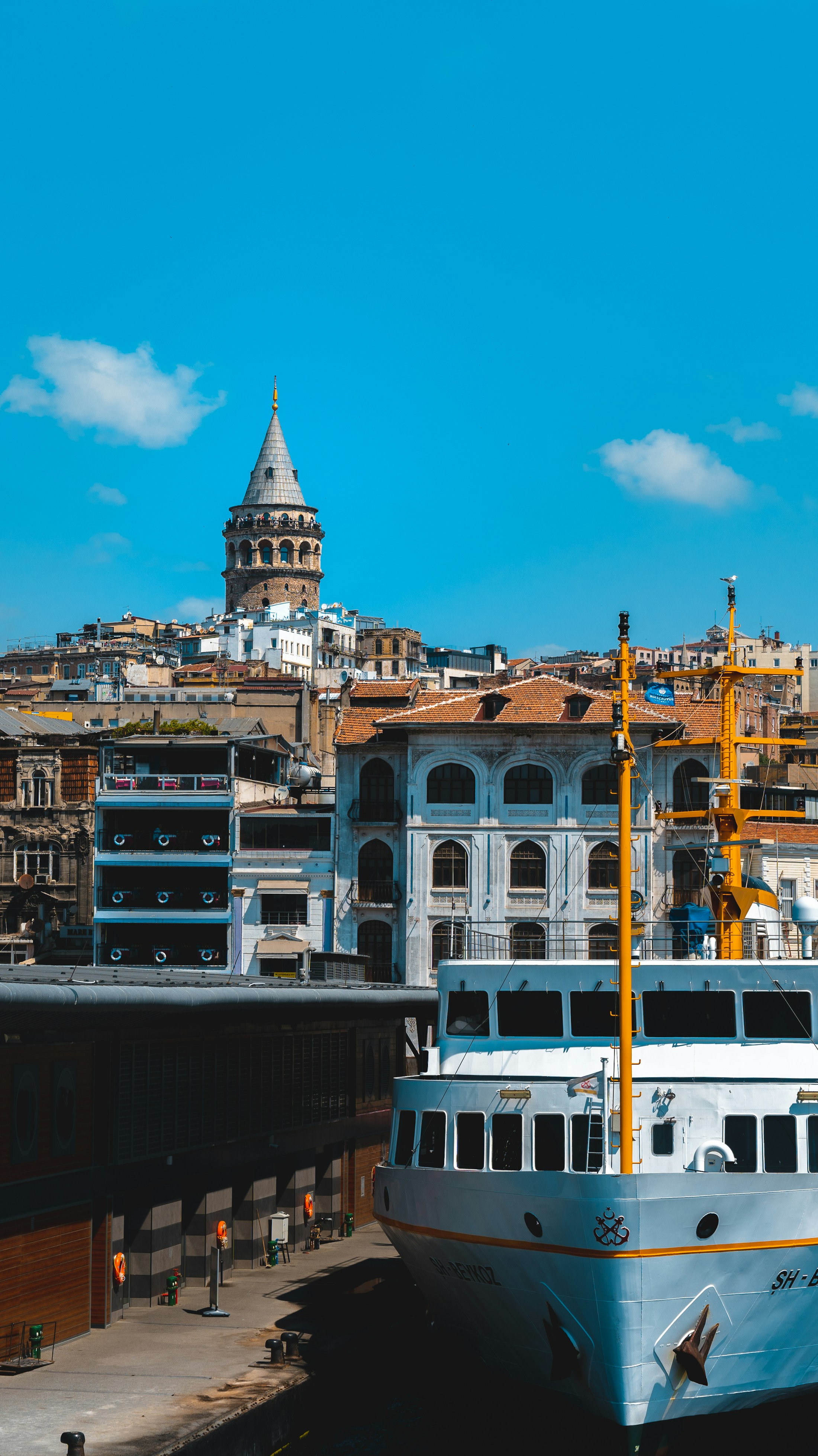 Galata Tower and a ferry on Istanbul’s waterfront